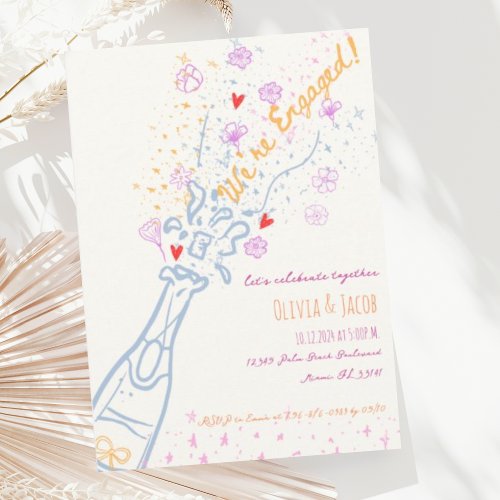 Whimsical Hand Drawn Floral Fun Engagement Party Invitation