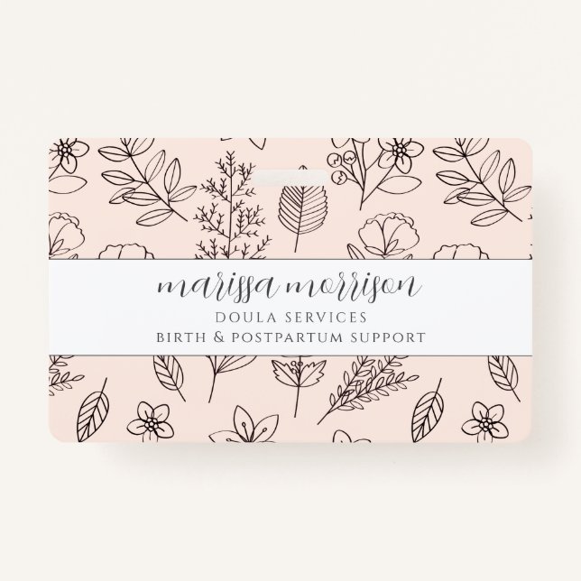 Whimsical Hand Drawn Floral On Pink Doula Badge (Front)