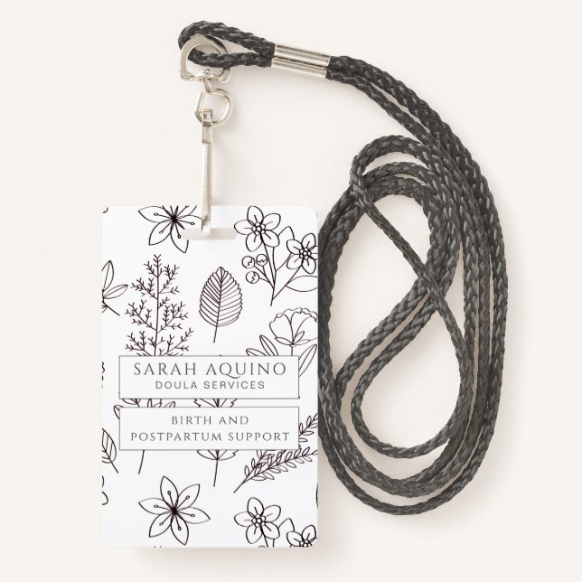 Whimsical Hand Drawn Floral On White Doula Badge (Front with Lanyard)