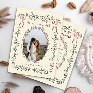 Whimsical Hand Drawn Floral Photo Newlywed Holiday Card