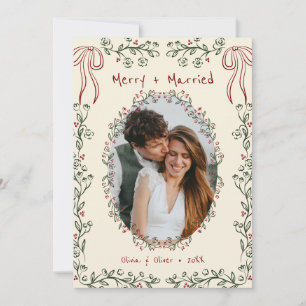 Whimsical Hand Drawn Floral Photo Newlywed Holiday Card