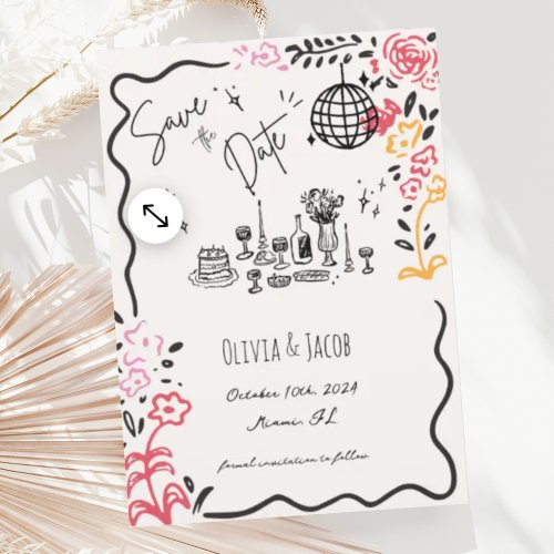 Whimsical Hand Drawn Floral Scribble Wavy Wedding Invitation