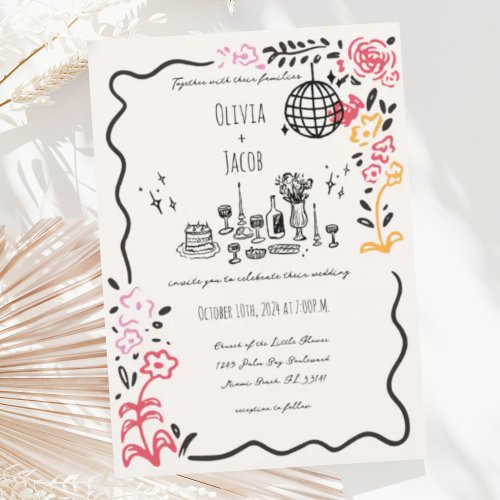 Whimsical Hand Drawn Floral Scribble Wavy Wedding Invitation
