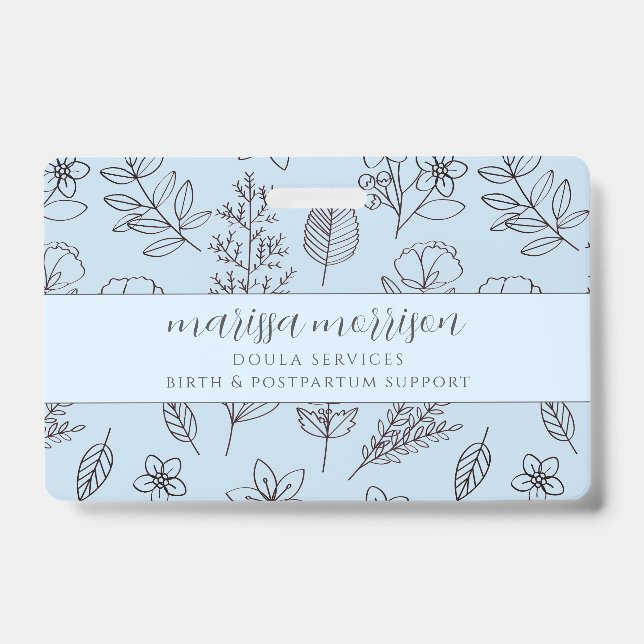 Whimsical Hand Drawn Floral Script Blue Doula Badge (Front)