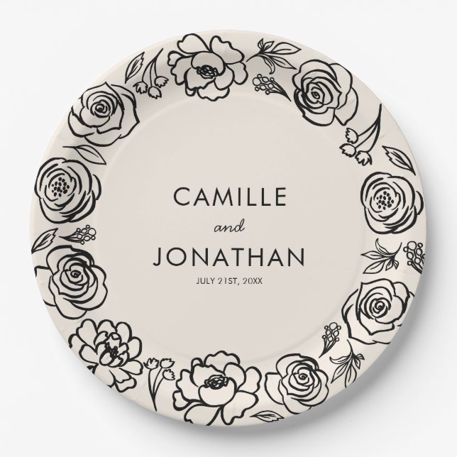 Whimsical Hand Drawn Floral Wedding Paper  Plates (Front)