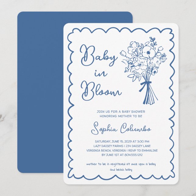 Whimsical Hand Drawn Flower Bouquet Baby in Bloom  Invitation (Front/Back)