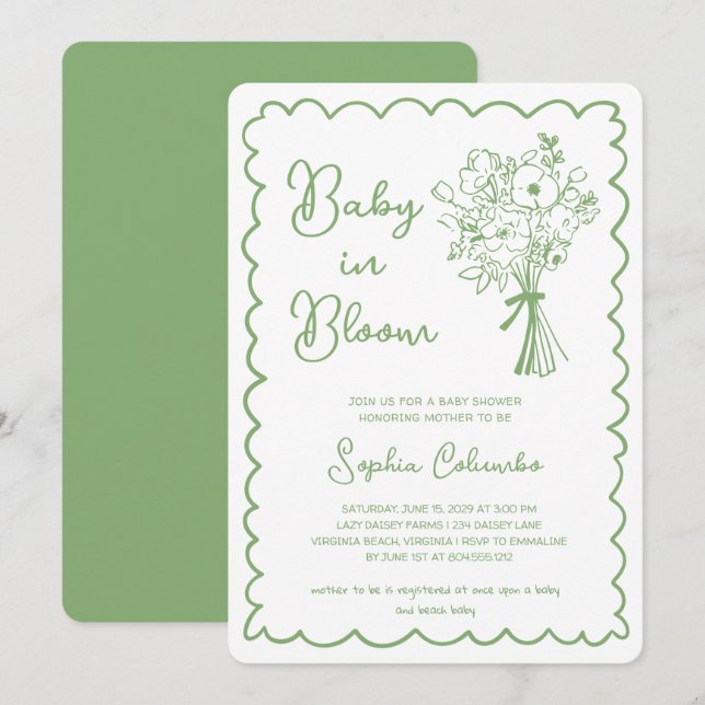 Whimsical Hand Drawn Flower Bouquet Baby in Bloom  Invitation (Front/Back)