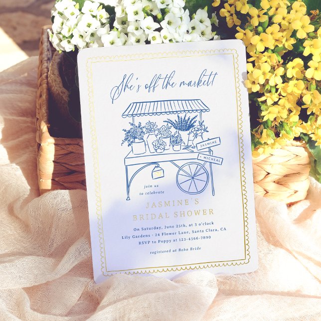 Whimsical Hand Drawn Flower Market Bridal Shower Foil Invitation (Card Front & Back Mock-up)