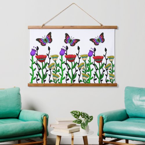 Whimsical Hand Drawn Flowers and Butterflies Hanging Tapestry