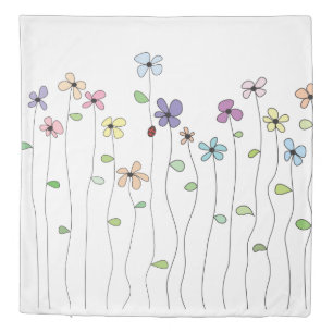 Whimsical Hand Drawn Flowers & Ladybug Duvet Cover