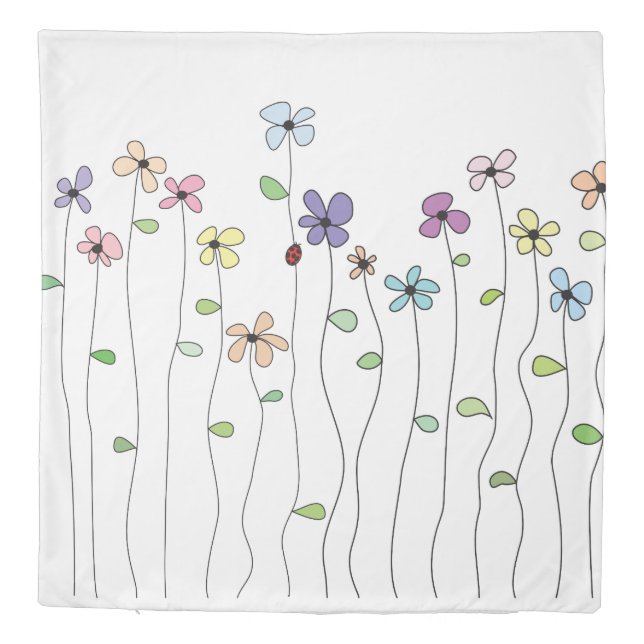 Whimsical Hand Drawn Flowers & Ladybug Duvet Cover (Back)