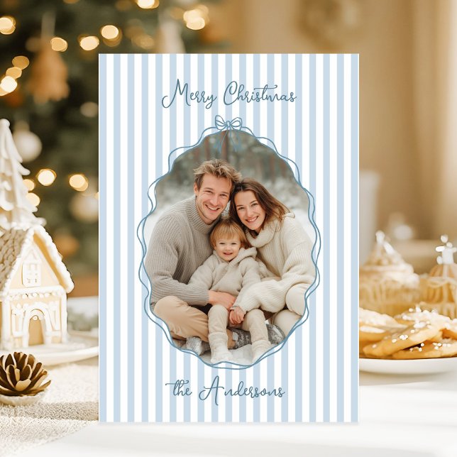 Whimsical Hand Drawn Frame Blue Stripes Holiday Card (Creator Uploaded)