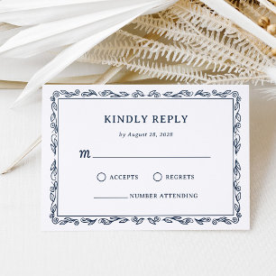 Whimsical Hand Drawn Frame Midnight Blue Wedding Letterpress RSVP Cards