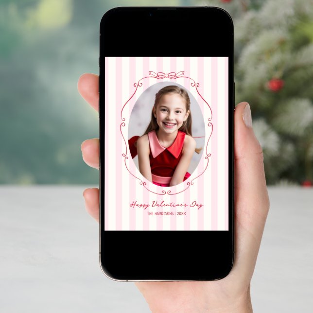 Whimsical Hand Drawn Frame Pink Stripes Holiday Card (Front Digital)