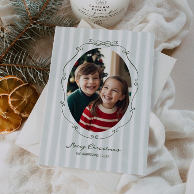 Whimsical Hand Drawn Frame Sage Stripes Holiday Card (Creator Uploaded)