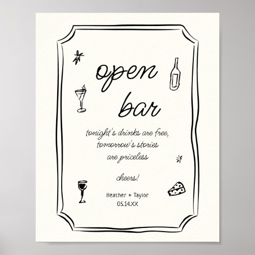 Whimsical Hand Drawn French Open Bar Sign