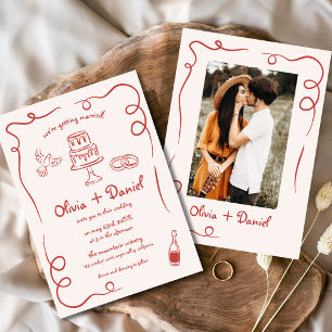 Whimsical Hand Drawn French Photo Red Wedding Invitation