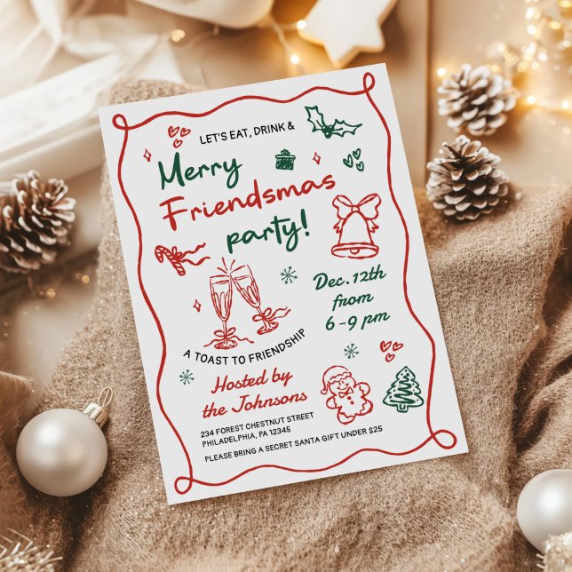 Whimsical Hand Drawn Friendsmas Christmas Party Invitation (Creator Uploaded)