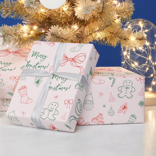 Whimsical Hand Drawn Fun French Merry Christmas Wrapping Paper (Holidays)