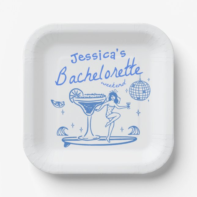 Whimsical Hand drawn Funky Beach Bachelorette Paper Plates (Front)