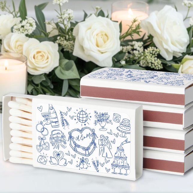 Whimsical Hand Drawn Funky Blue Wedding Matchboxes (Whimsical Hand Drawn Funky Blue Wedding Matchboxes )