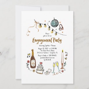 Whimsical Hand Drawn Funky Engagement Party Invitation