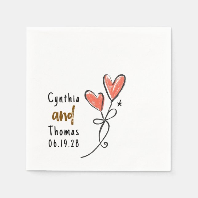 Whimsical Hand Drawn Funky Hearts Wedding Napkins (Front)