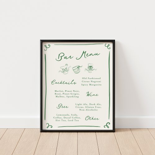 Whimsical Hand Drawn Green Bar Menu Poster