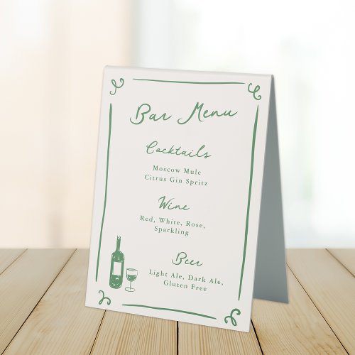 Whimsical Hand Drawn Green Bar Menu Table Tent Sign