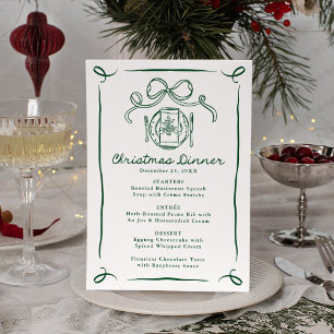 Whimsical Hand-Drawn Green Bow Christmas Dinner Menu