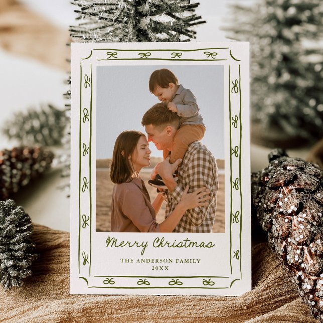 Whimsical Hand-Drawn Green Bow Frame 2 Photo Holiday Card (Creator Uploaded)
