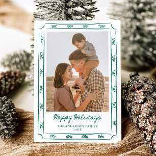 Whimsical Hand-Drawn Green Bow Happy Holidays Letterpress Photo Cards