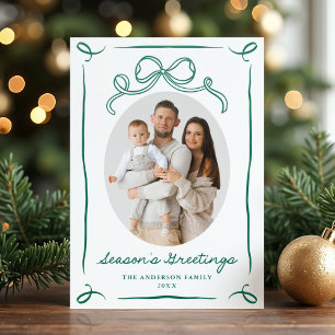 Whimsical Hand-Drawn Green Bow Season's Greetings Letterpress Photo Cards