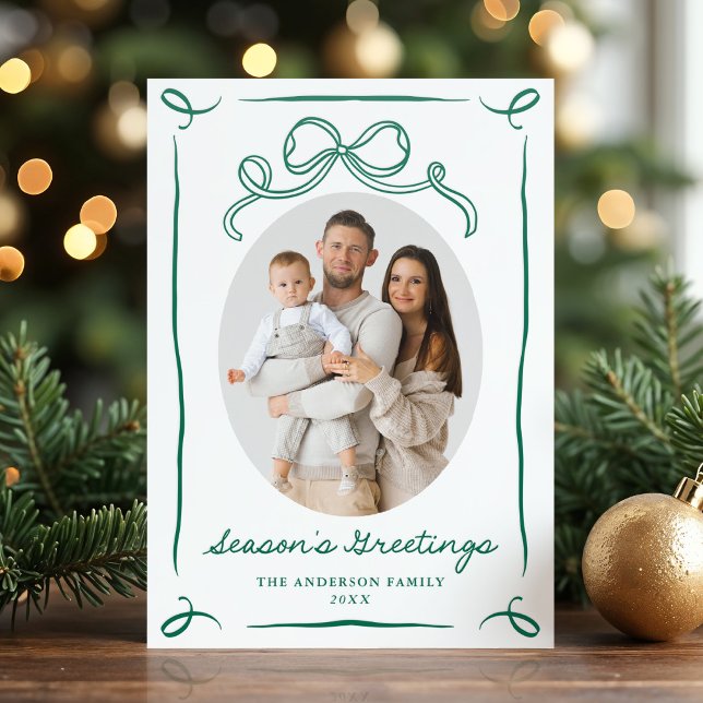 Whimsical Hand-Drawn Green Bow Season's Greetings Letterpress Photo Cards (Creator Uploaded)