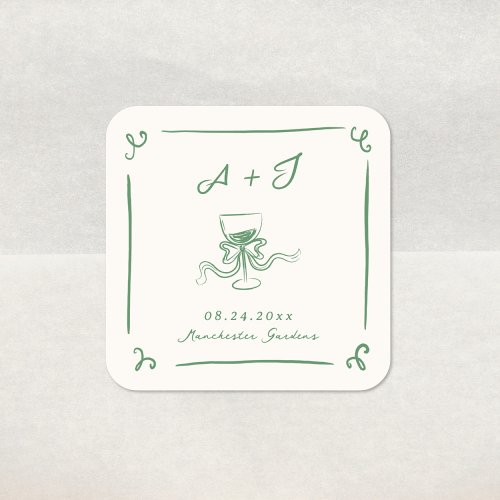 Whimsical Hand Drawn Green Bow Wedding Square Sticker