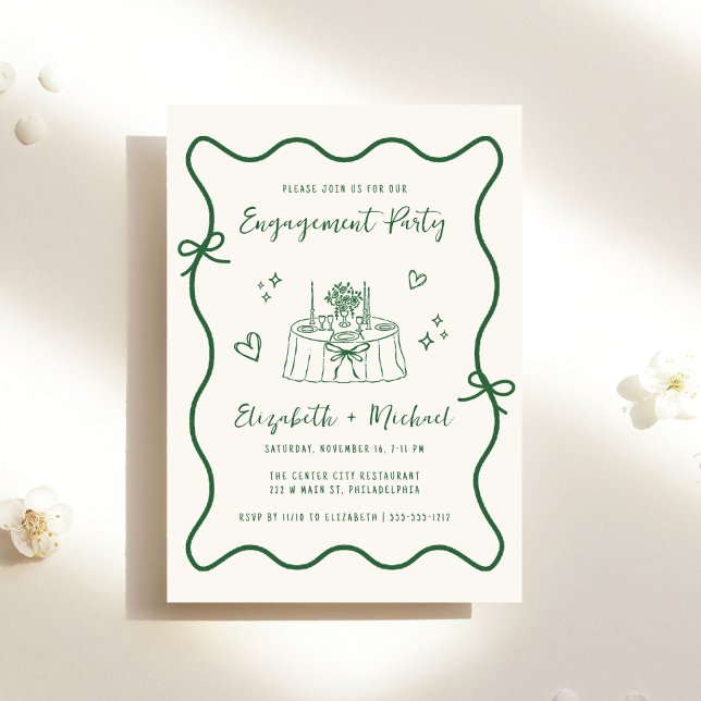 Whimsical Hand Drawn Green Cream Engagement Party Invitation (Creator Uploaded)