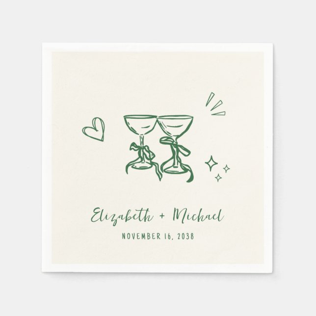 Whimsical Hand Drawn Green Cream Wedding Napkins (Front)