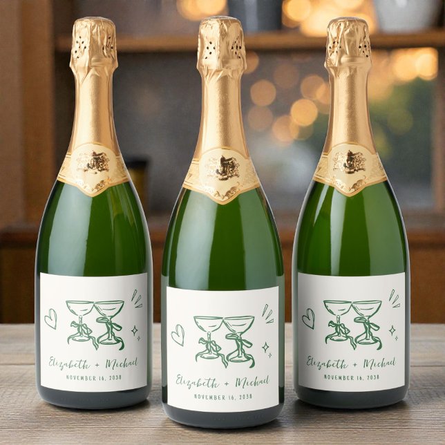 Whimsical Hand Drawn Green Cream Wedding Sparkling Wine Label (Whimsical Hand Drawn Green Cream Wedding Sparkling Wine Label)