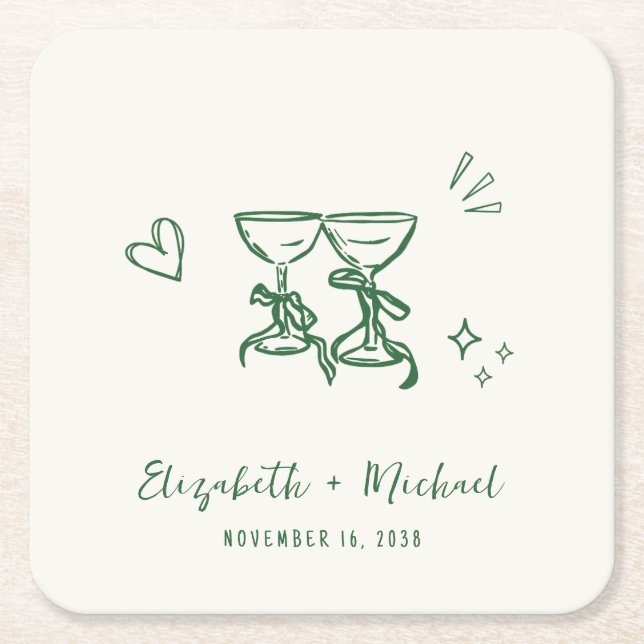 Whimsical Hand Drawn Green Cream Wedding Square Paper Coaster (Front)