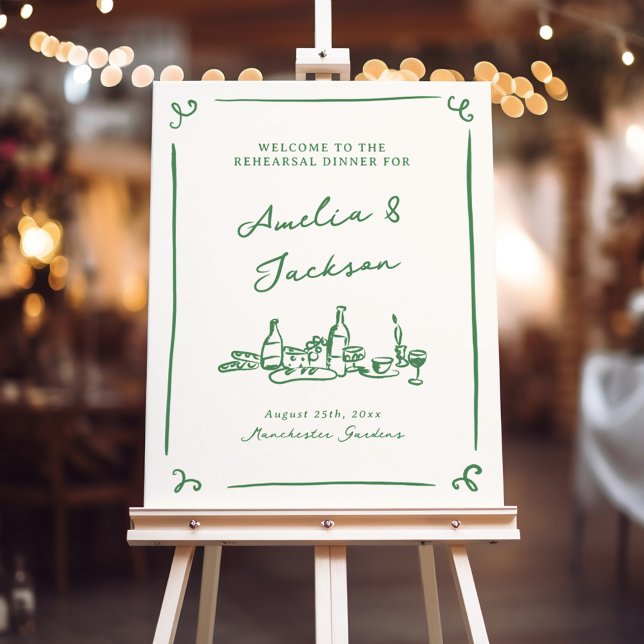 Whimsical Hand Drawn Green Dinner Rehearsal Foam Board (Creator Uploaded)