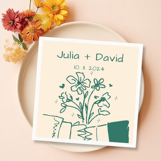 Whimsical Hand Drawn Green Floral Wedding Napkins (Creator Uploaded)
