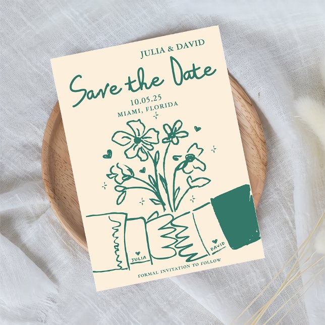 Whimsical Hand Drawn Green Floral Wedding Save The Date (Creator Uploaded)