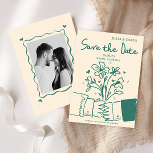 Whimsical Hand Drawn Green Floral Wedding Save The Date