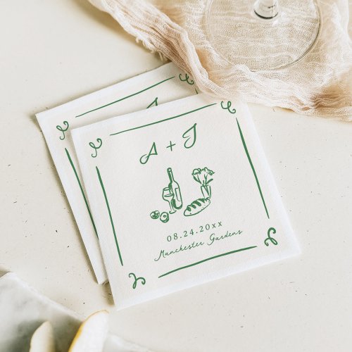 Whimsical Hand Drawn Green Food  Wine Wedding Napkins