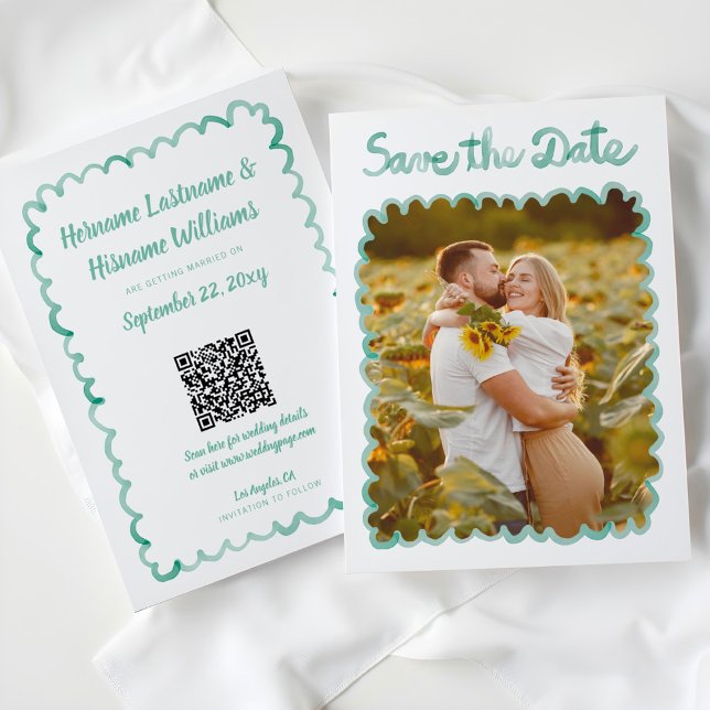 Whimsical Hand Drawn Green Photo QR Website Save The Date (Creator Uploaded)