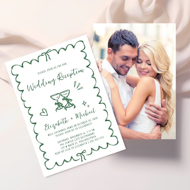 Whimsical Hand Drawn Green Photo Wedding Reception Invitation (From private vows to a grand party - invite family and friends to celebrate your marriage!)