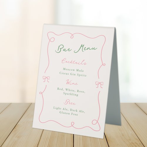 Whimsical Hand Drawn Green  Pink Bar Menu Table Tent Sign