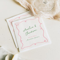 Whimsical Hand Drawn Green & Pink Wedding Napkins