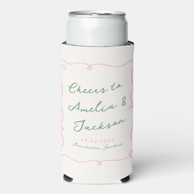 Whimsical Hand Drawn Green & Pink Wedding Seltzer Can Cooler (Seltzer Front)