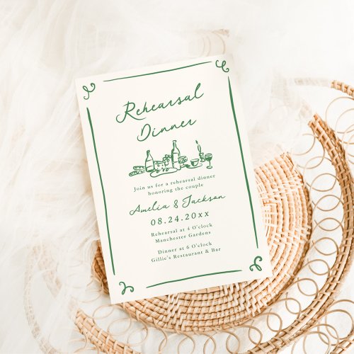 Whimsical Hand Drawn Green Rehearsal Dinner Invitation